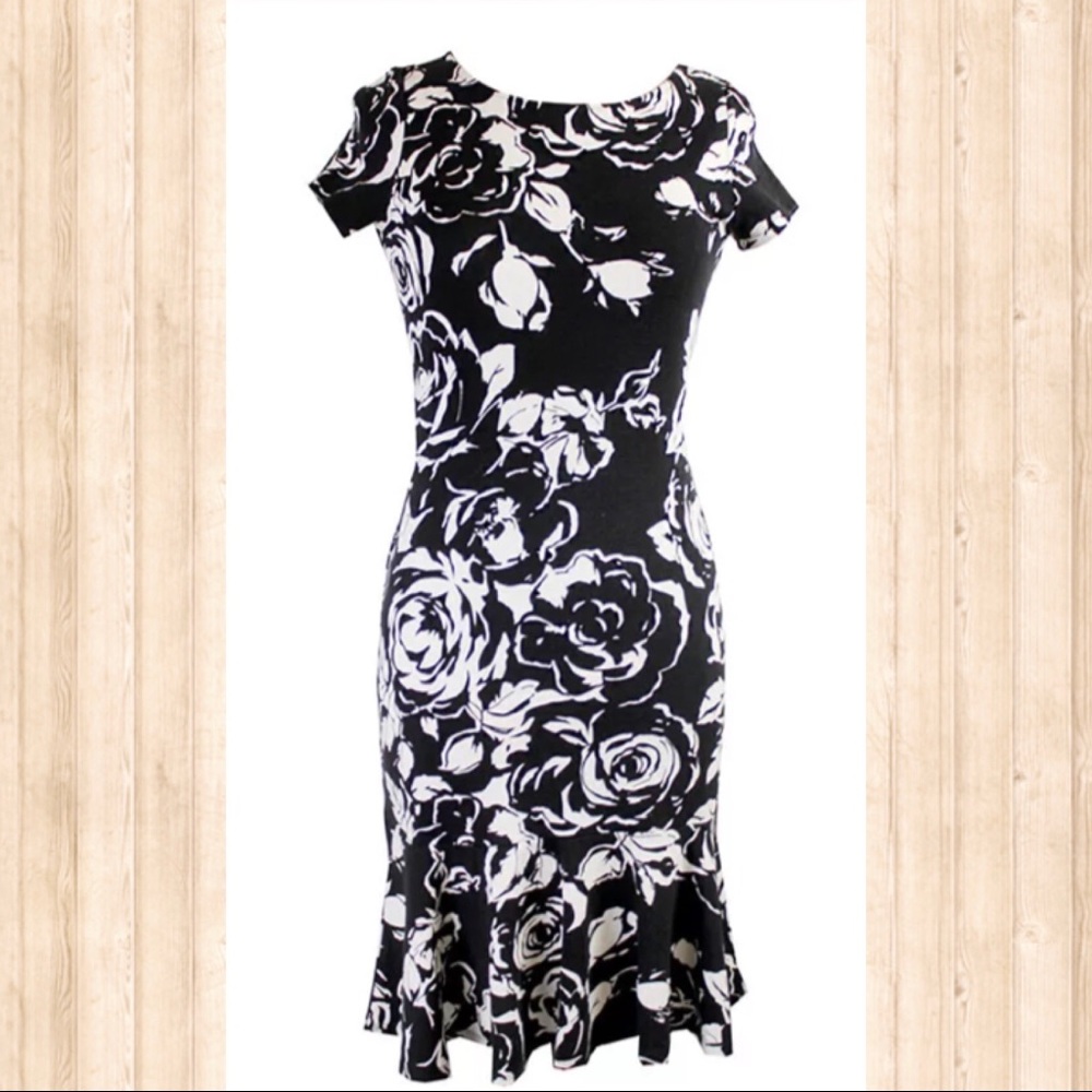 Ralph Lauren black and white floral trumpet dress